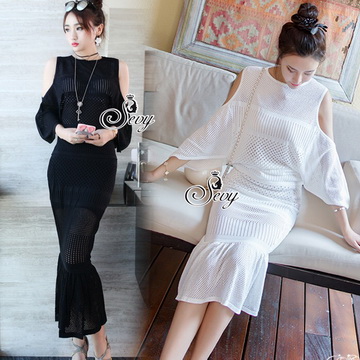Lady Ribbon ออนไลน์ เสื้อผ้าออนไลน์ พร้อมส่งของแท้ SV03130716 🎉Sevy Two Pieces Of Hollow Knit Blouse With Skirt Sets