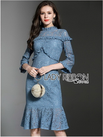 🎀 Lady Ribbon's Made 🎀 Lady Lizzy High-Neck Ruffle Dark Blue Lace Dress