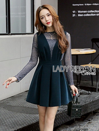 Dark Green Lady Ribbon Pleated Set Dress