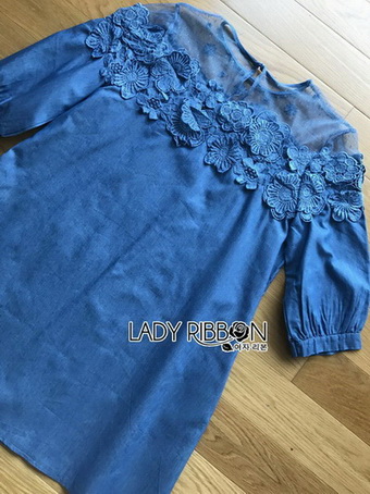 Lady Erin Casual Denim and Lace Mini Dress