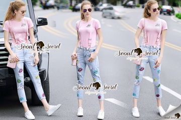 Lady Ribbon Online ขายส่งเสื้อผ้าออนไลน์ Seoul Secret SS07280716 Seoul Secret Say's .... Salmon Pink Bibby Denim Set
