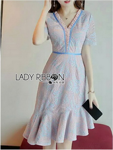 ชุดเดรสผ้าลูกไม้สีชมพูฟ้าพาสเทล