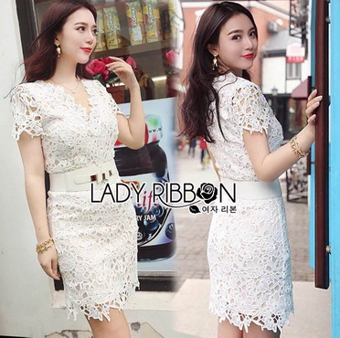 Lady Ribbon Online ขายส่ง เสื้อผ้าออนไลน์ ของแท้ LR07040716 🎀 Lady Ribbon's Made 🎀 Lady Joanne Classy Elegant White Lace Dress with White Leather Belt เ