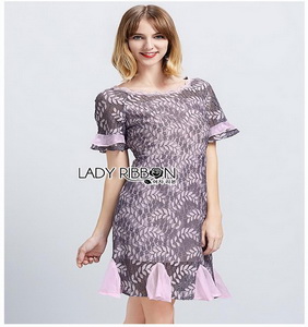 Grey & Pink Lace Dress Lady Ribbon เดรสเทาชมพู