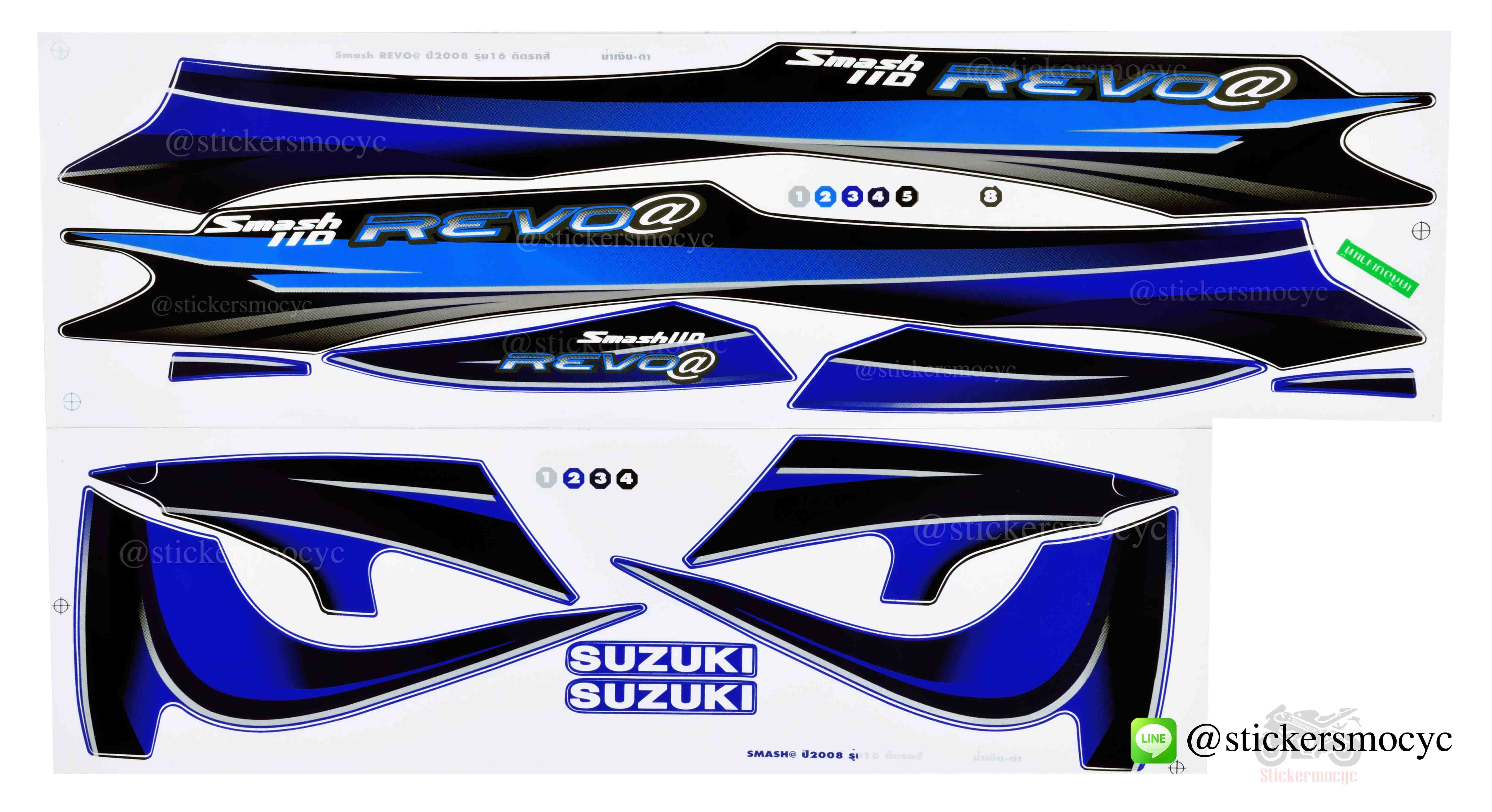 สติ๊กเกอร์ติดรถ มอเตอร์ไซค์ ซูซูกิ สแมช 110 Sticker Suzuki Smash 110 ปี 2008 รุ่น 16 ติดรถ สีนํ้าเงิน ดํา (เคลือบเงาแท้)