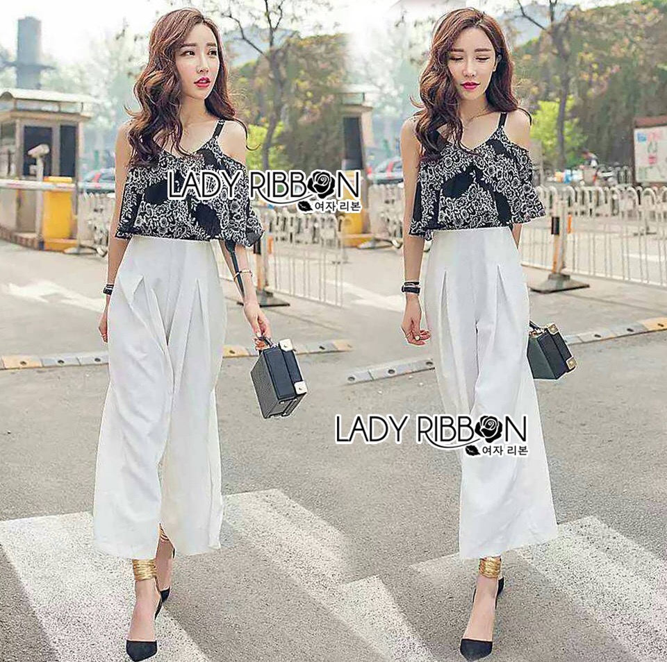 Lady Ribbon Online LR17060616 🎀 Lady Ribbon's Made 🎀 Lady Alana Casual Chic Monochrome Printed Chiffon Jumpsuit