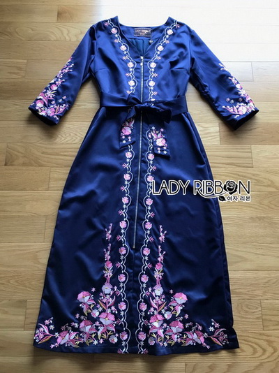 🎀 Lady Ribbon's Made 🎀 Lady Claire Modern Hippie Flower Embroidered Navy Crepe Long Dress