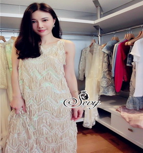Sevy เดรสยาวแขนกุ๊ด ตัดต่อผ้าตาข่ายเนื้อยืดอย่างดี