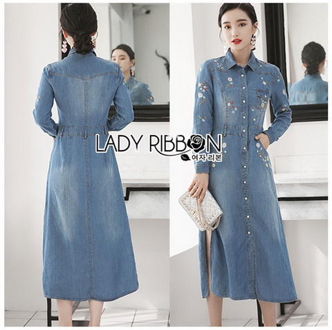 Denim Shirt Long Dress เชิ้ตเดรสยาวผ้าเดนิมปักลายดอกไม้