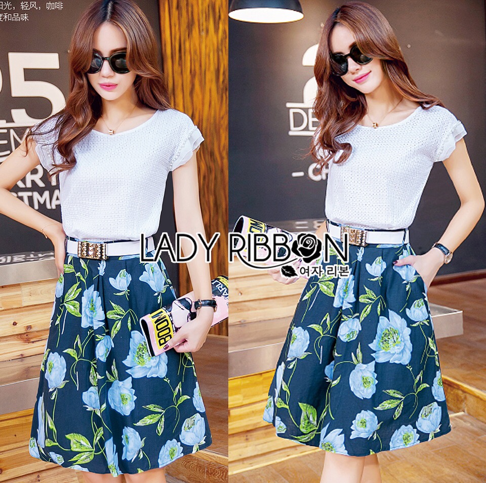 Made 🎀 Lady Annie Vintage Embellished Embroidered Cotton Top and Floral Printed Skirt Set with Belt เซ็ตเสื้อผ้าคอนตอนลูกไม้ปักลายประดับมุกและกระโปรงพิมพ์ลายดอกไม้สไตล์วินเทจ