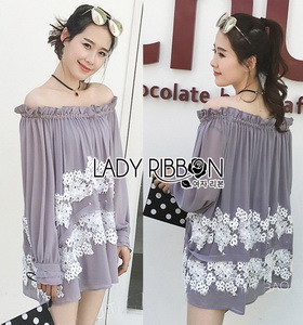 Lady Ribbon Lace Embroidered Chiffon Long Blouse