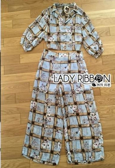 เซ็ตเสื้อเชิ้ตและกางเกงขายาวผ้าชีฟองสีฟ้าพิมพ์ลาย