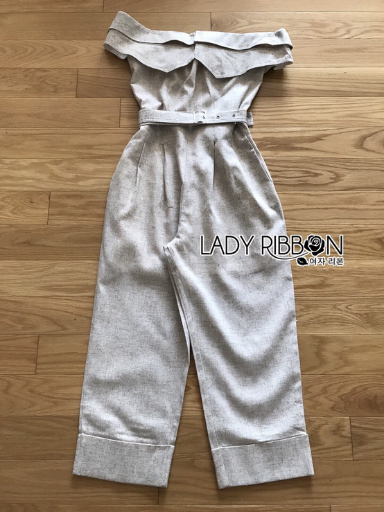 จัมป์สูทผ้าลินินทรงเปิดไหล่ตกแต่งเลเยอร์