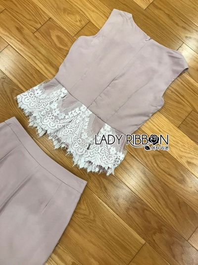 เซ็ตเสื้อแขนกุดทรงคร็อปตกแต่งลูกไม้