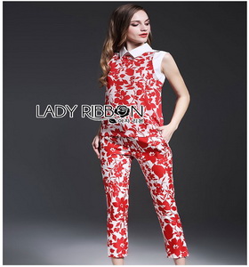Lady Ribbon Red Floral Printed Collared Top and Pants Set เซ็ตเสื้อและกางเกงขายาว