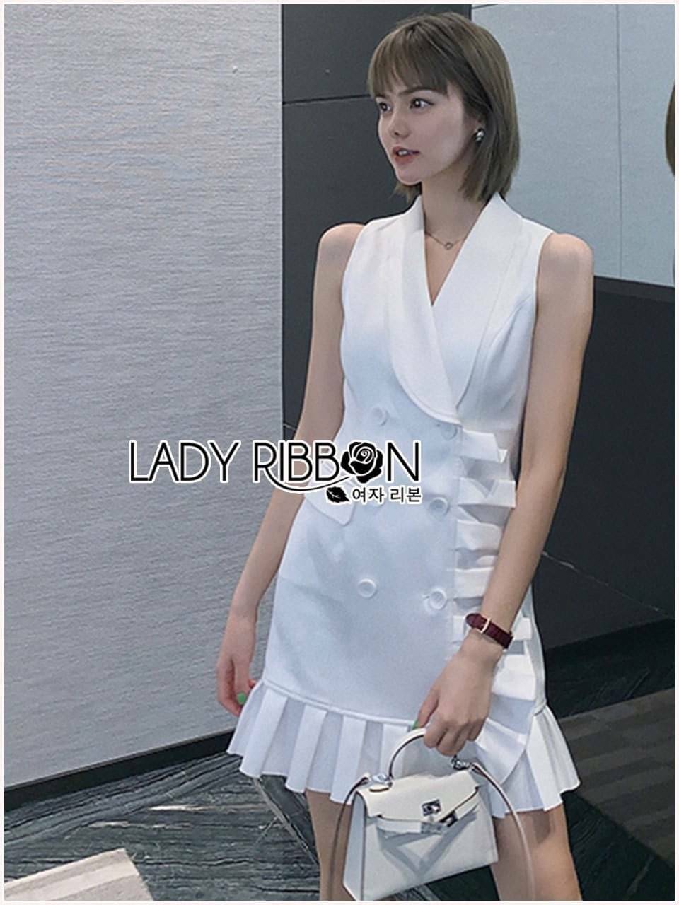 เดรสสูททรงแขนกุดตกแต่งกระโปรงระบาย