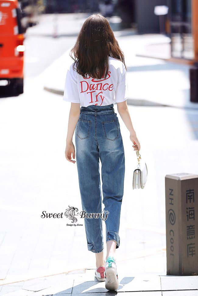 เซ็ทเสื้อยืดกางเกงยีนส์เสื้อยืดผ้าคอตตอนสีขาว
