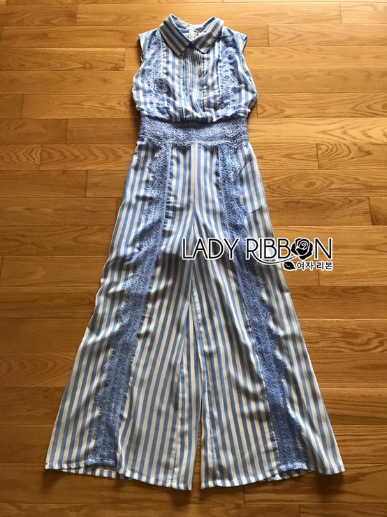 จัมป์สูทผ้าชีฟองพิมพ์ลายทางสีขาว-ฟ้า