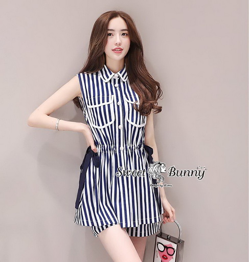 เสื้อกางเกง ผ้าลายริ้วสีน้ำเงินขาวคอปก