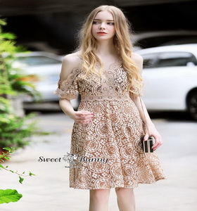 ชุดเดรสผ้าลูกไม้สีครีมพร้อมซับใน
