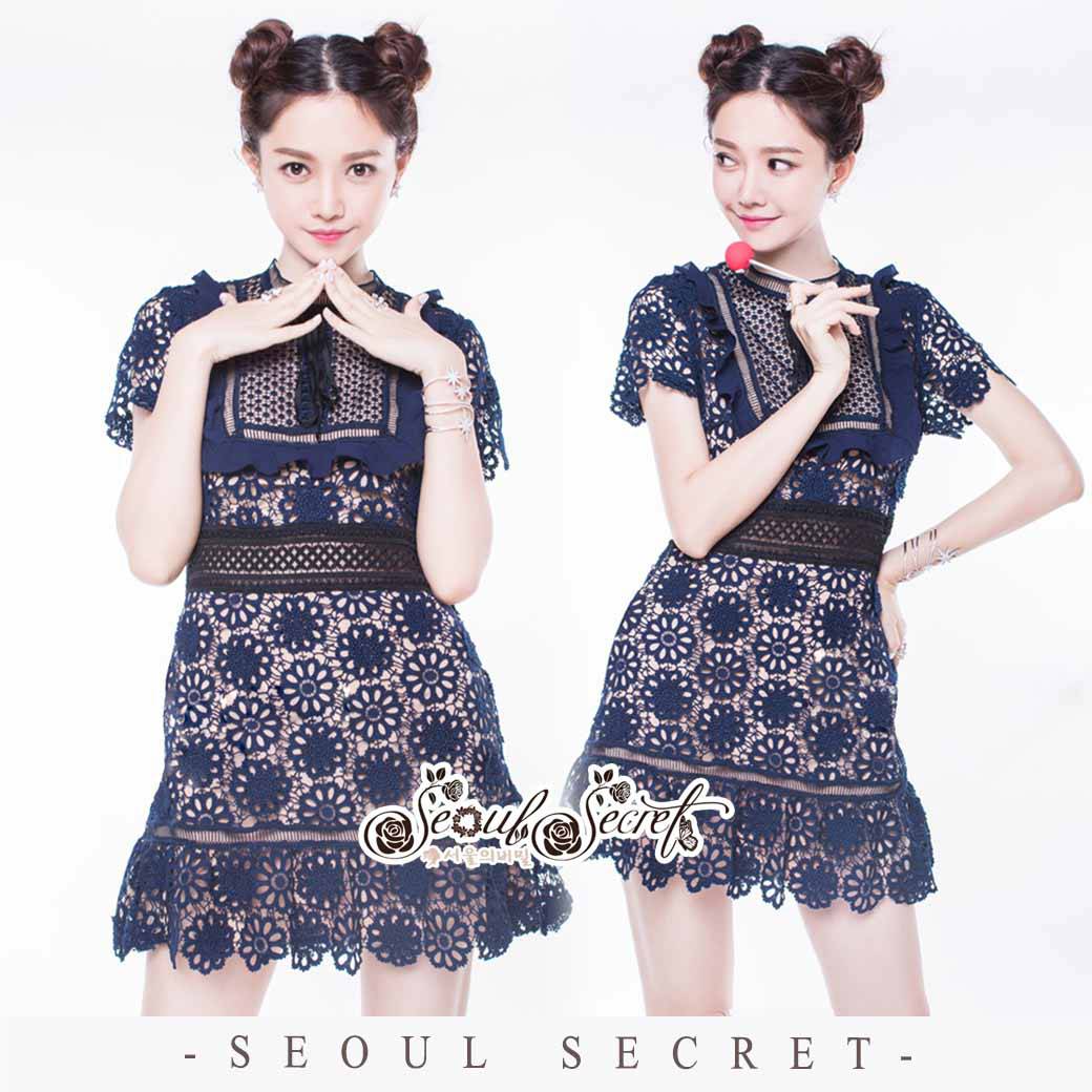 เดรสเนื้อผ้าลูกไม้โปร่งสีกรม