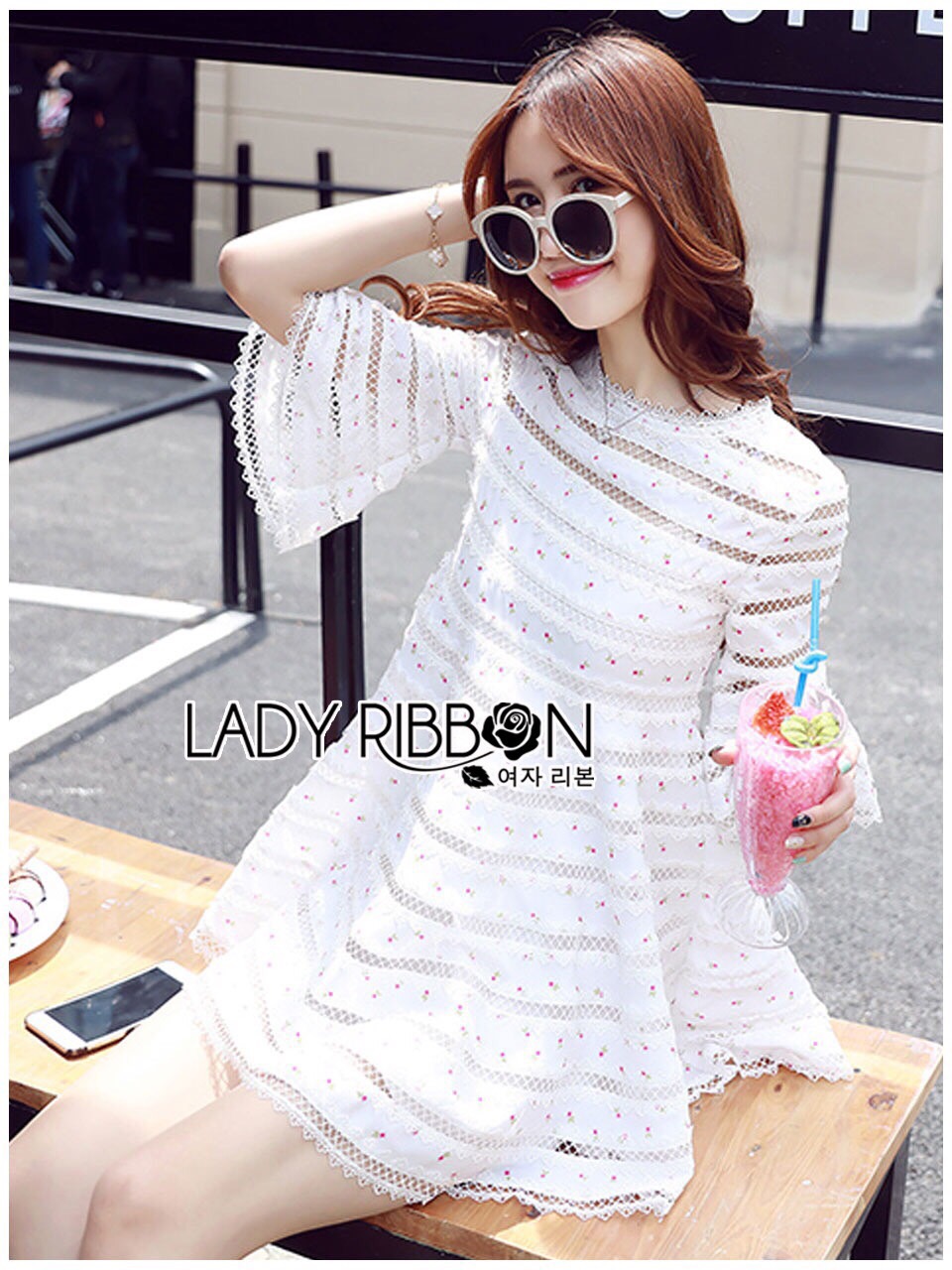 Lady Ribbon Online LR19130616 🎀 Lady Ribbon's Made 🎀 Lady Jessica Sweet and Pretty Embroidered Striped White Dress