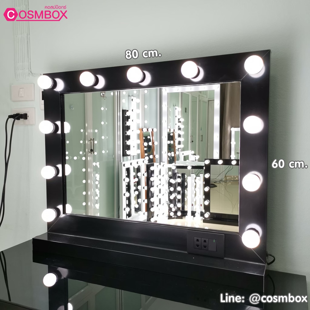 กระจกแต่งหน้ามีไฟ กระจกแต่งหน้า กระจกมีไฟ - 80x60cm. (รุ่นตั้งโต๊ะ) สีดำ