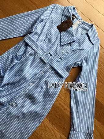 Chic Lady Ribbon Striped Shirt Dress
