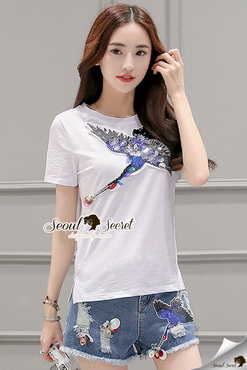 Lady Ribbon Online เสื้อผ้า ออนไลน์ ของแท้ SS19230616 Seoul Secret Say's .... Sequinny Birdy Chill T Blouse Denim Shorts Set