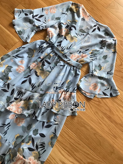 Dress เดรสผ้าชีฟองสีฟ้าพิมพ์ลายดอกไม้
