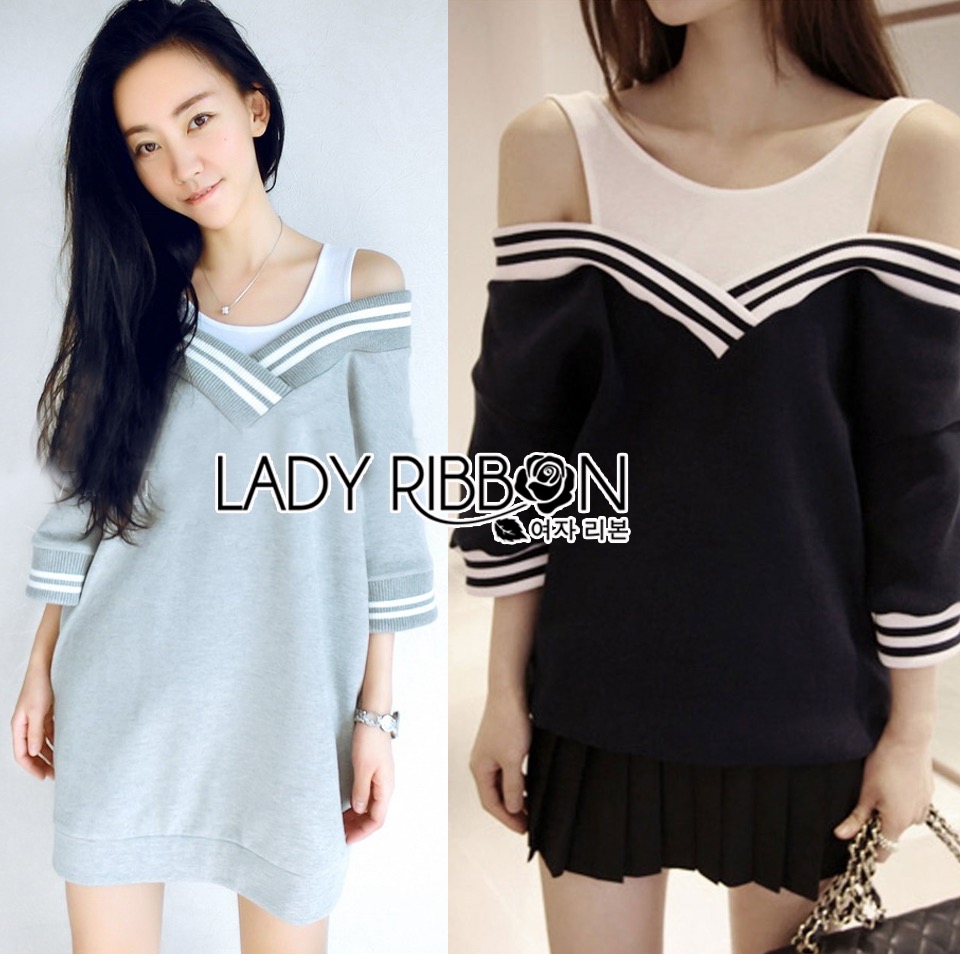 ladyribbon Lady Ribbon เสื้อผ้าพร้อมส่ง เสื้อผ้า Lady Ribbon พร้อมส่ง เลดี้ริบบอน Lady Ribbon's Made 🎀 Lady Monica Sporty Minimal Chic Off-Shouldder Cotton Jersey Dress เ