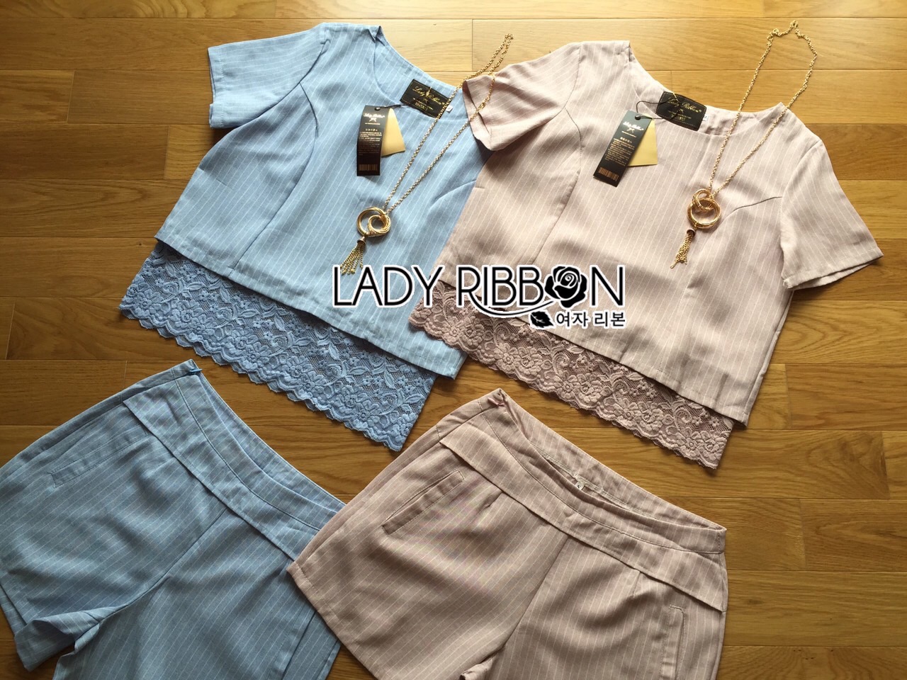 Lady Ribbon Online เสื้อผ้า ออนไลน์ ขายส่ง LR18230616 🎀 Lady Ribbon's Made 🎀 Lady Stephanie Sweet Minimal Striped Cotton Cropped Top with Lace Trim and Pants