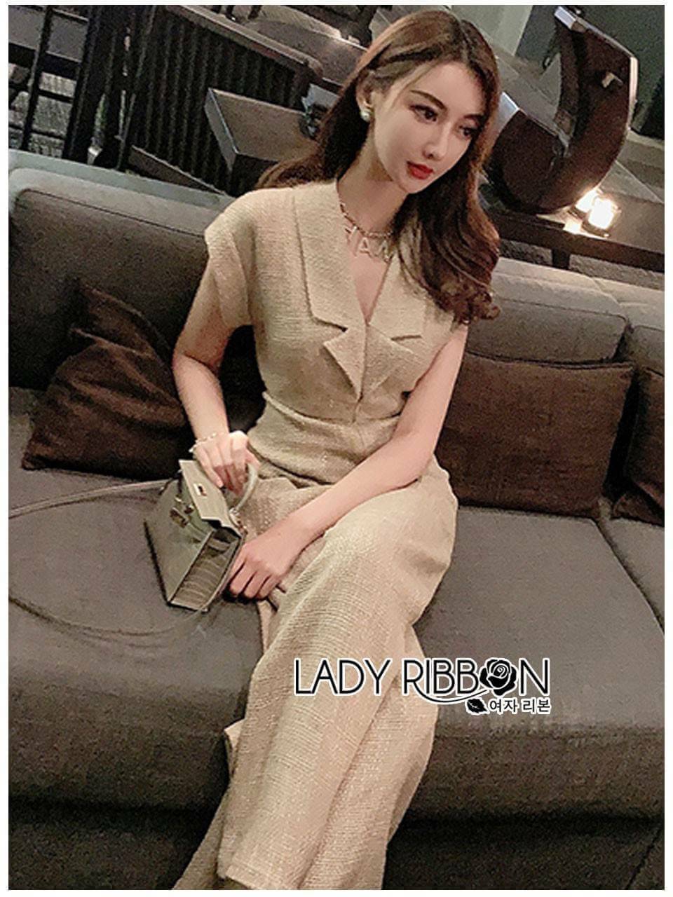 จั๊มสูทขายาวสีครีมเหลือบทอง