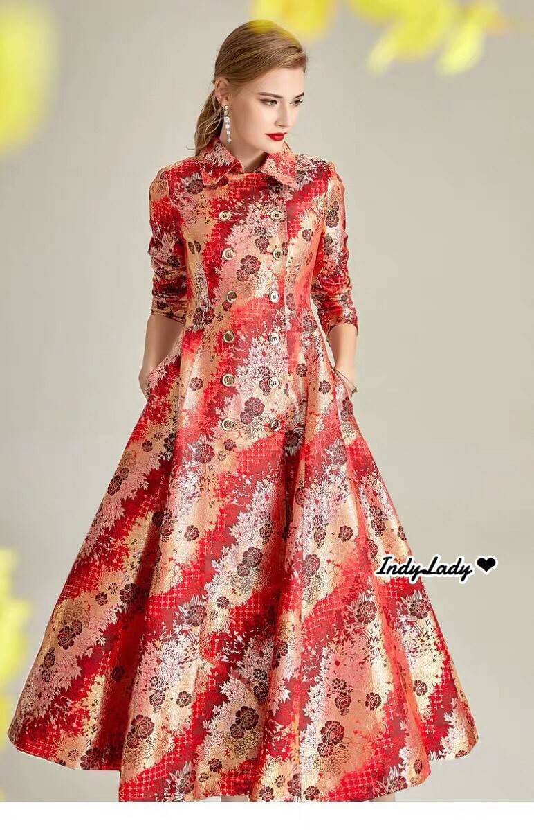 Coat Dress พิมพ์ลายดอกไม้ สีแดง