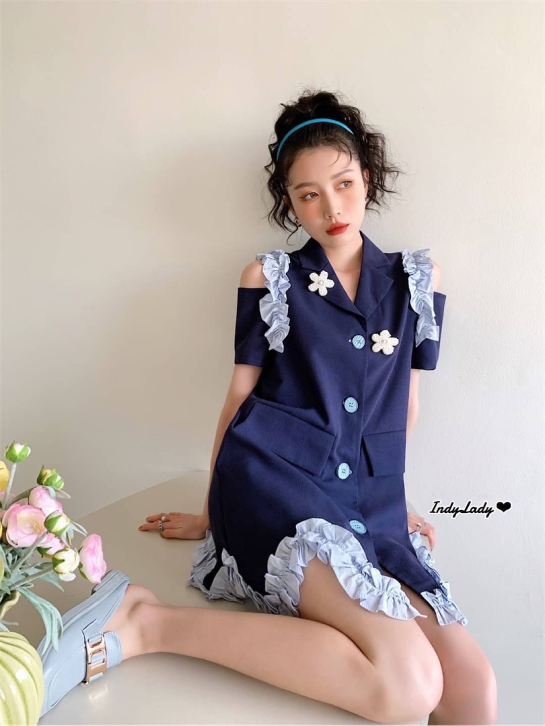 Dress แขนสั้น คอปก กระดุมหน้า