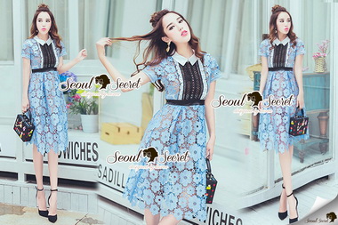 Lady Ribbon Online เสื้อผ้า ออนไลน์ ของแท้ SS14230616 Seoul Secret Say's .... Baby Blue Flora Lace Flowering Dress
