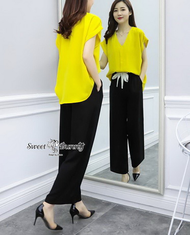 ชุดเซ็ทเสื้อกางเกงงานเกาหลีเสื้อผ้าสีพื้น