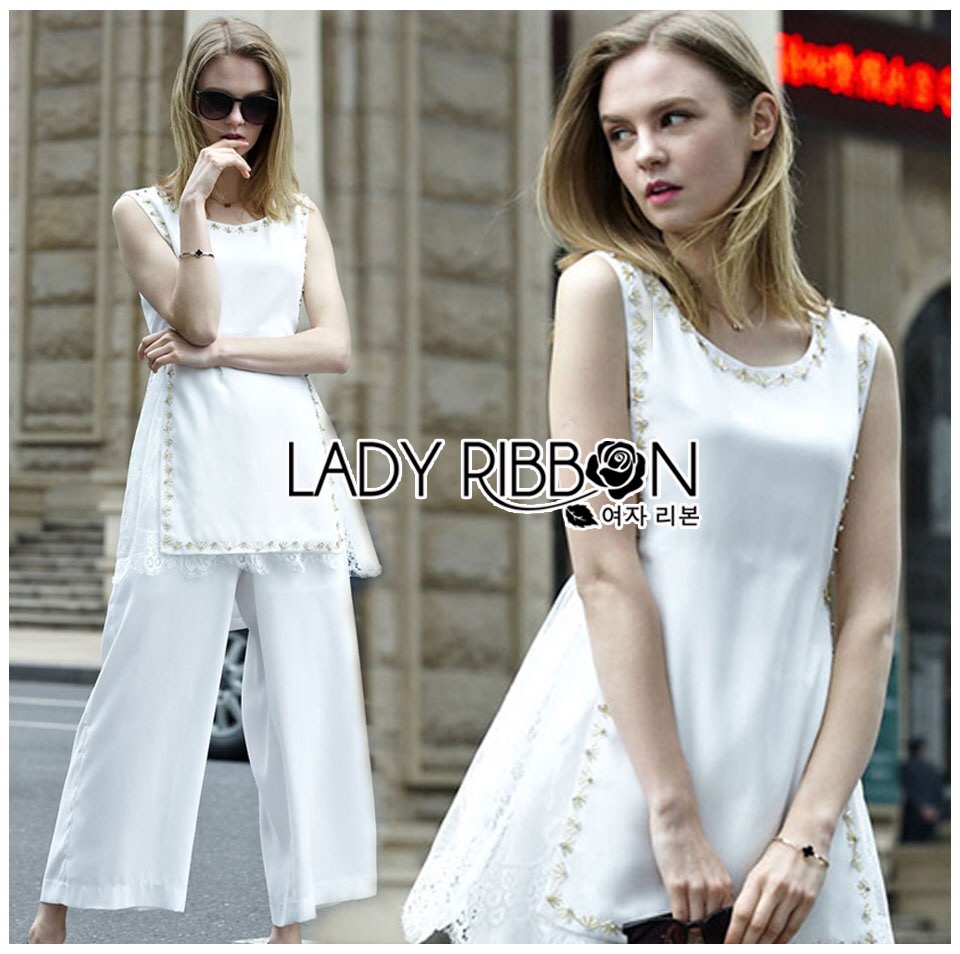 Lady Ribbon's Made 🎀 Lady Klara Minimal Chic Embellished Top and Pants Set