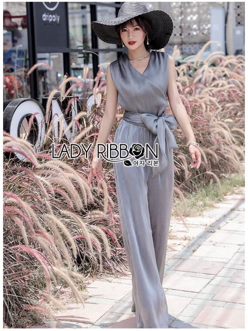 Jumpsuit with Ribbon จัมป์สูทขายาวผ้าชีฟองสีเทา