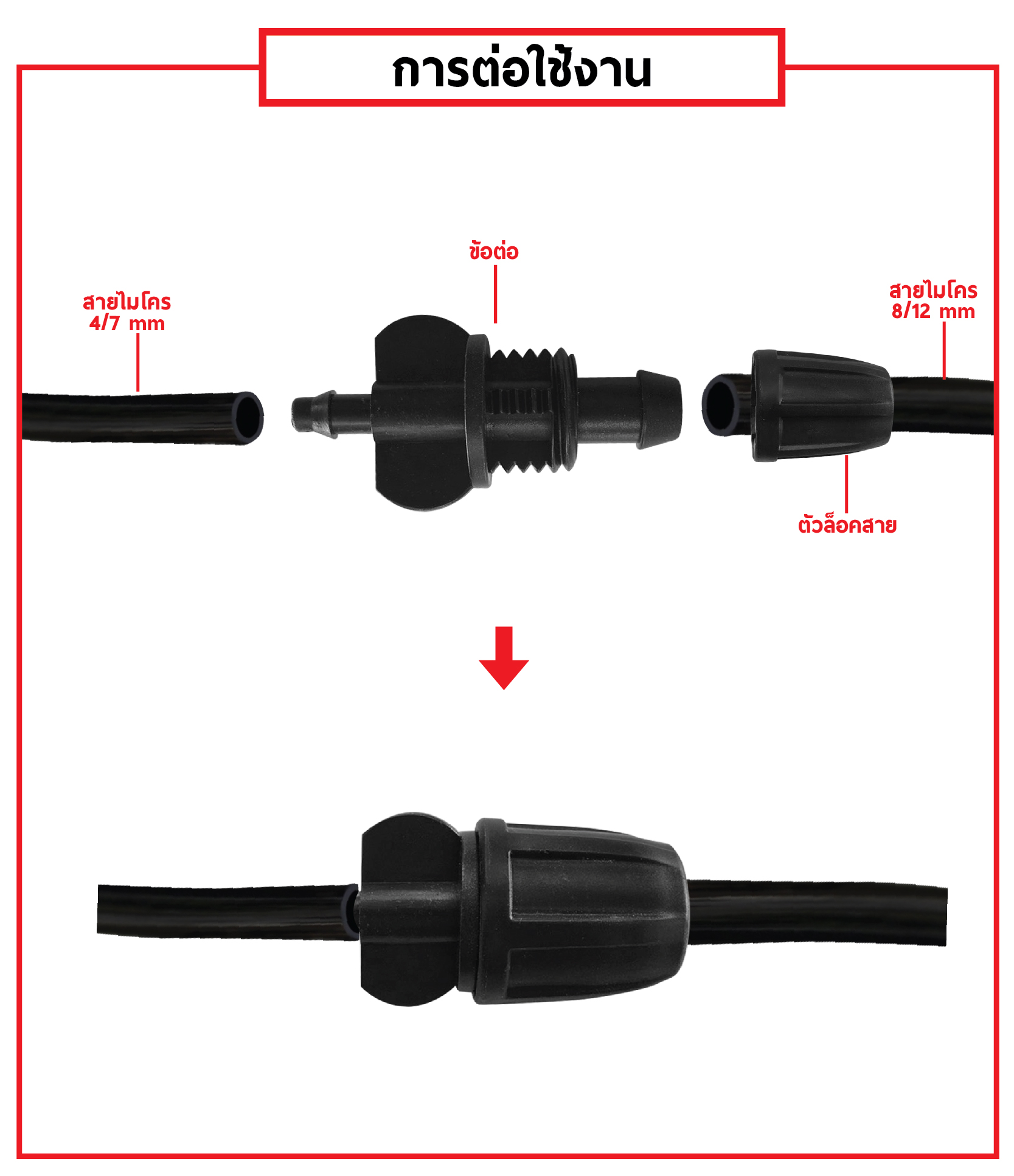 ข้อต่อสายไมโคร พร้อมตัวล็อคสาย ต่อตรง 8/12 mm เดือยเสียบ 4/7 mm (แพ็ค 20 ชิ้น)