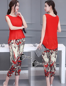 Lady Ribbon Online ขายส่งเสื้อผ้าออนไลน์ Cliona เสื้อผ้า CN1090816 Cliona Made' Red Banboo Top + Pant Set - เซ็ตเสื้อแขนกุดสีแดงสด