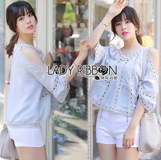 Lady Ribbon Online เสื้อผ้าออนไลน์ขายส่ง Lady ribbon เสื้อผ้า LR02150816 🎀 Lady Ribbon's Made 🎀 Lady Karlie Cut-Out Off-Shoulder Embroidered Cotton Blouse เสื้อผ้าคอตตอน