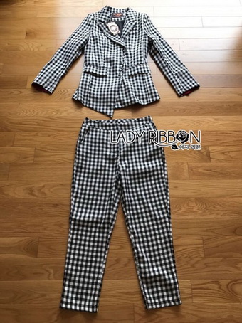 Chic Black and White Lady Ribbon Checked Suit