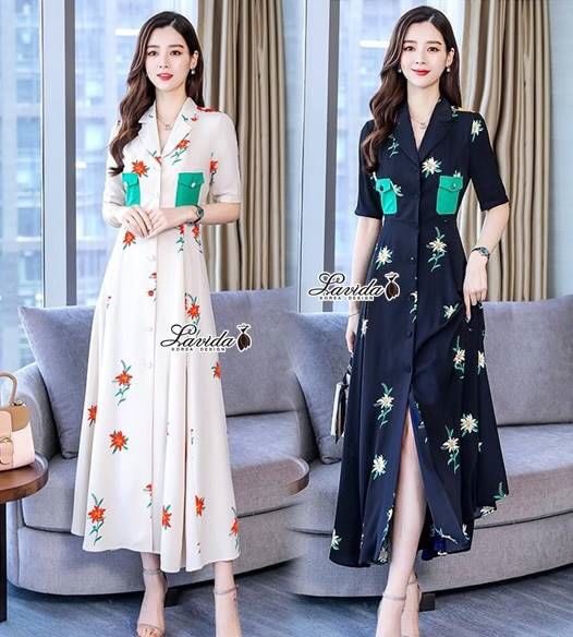 เดรสทรงคอปกแต่งกระดุมปั้มด้านหน้ายาว