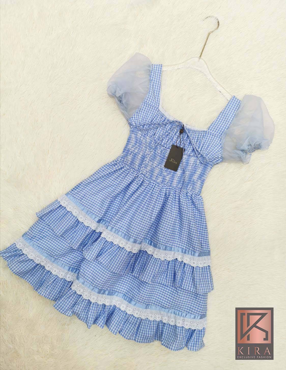 เดรสลายสก็อต แต่งเเขนทรงตุ๊กตา