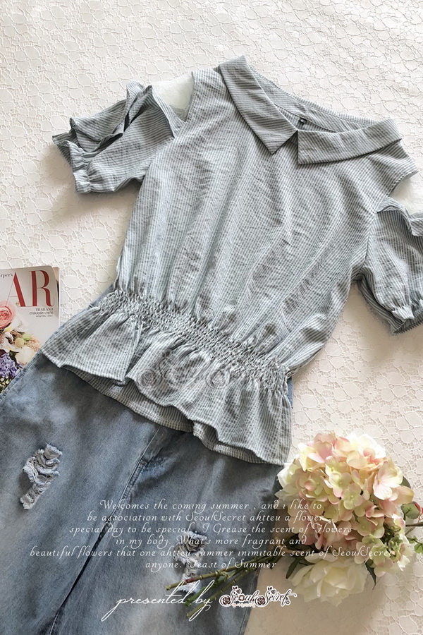 เซ็ทลุคสาววินเทจเสื้อพิมพ์ลายริ้วยาวโทนสีเขียว