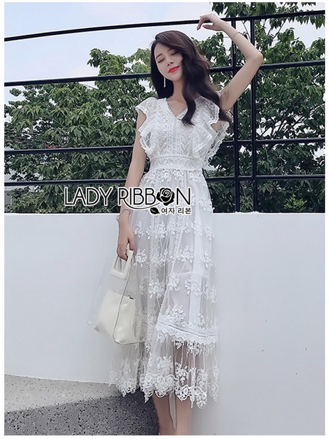 เดรสผ้าลูกไม้ตกแต่งแขนระบาย