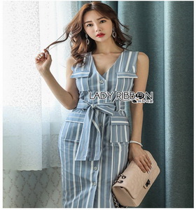 Lady Striped Sleeveless Dress with Ribbon เดรสผ้าเครป
