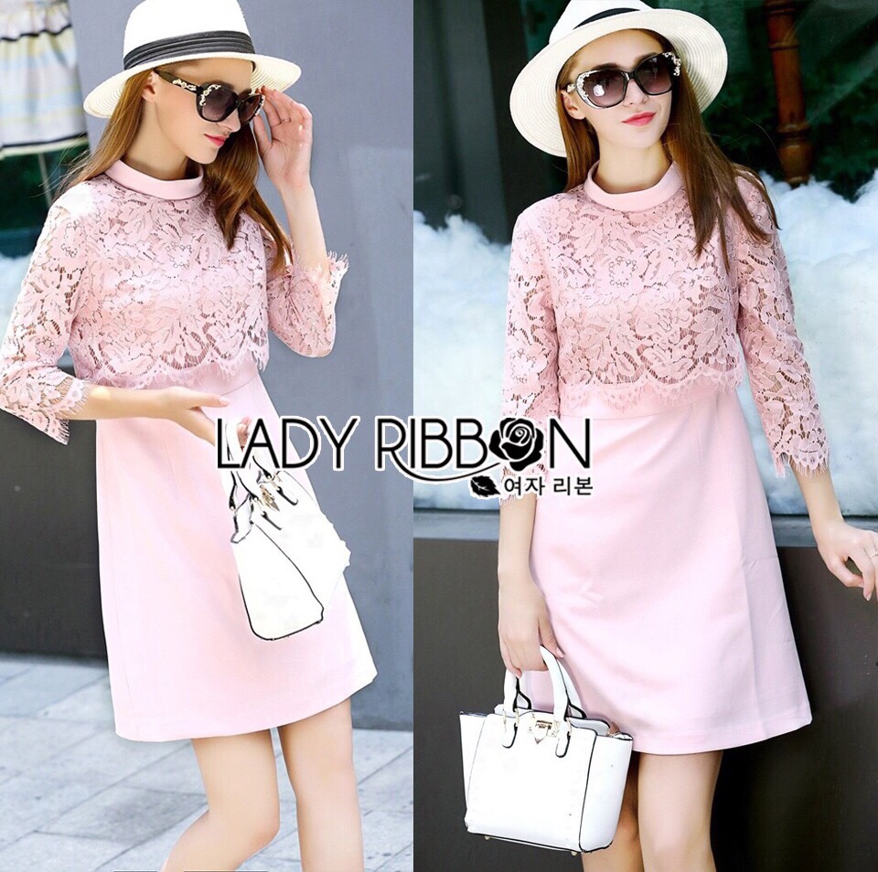 Lady Ribbon LR08230516 🎀 Lady Ribbon's Made 🎀 Lauren Holiday Look Guipure Lace Dress in Pink