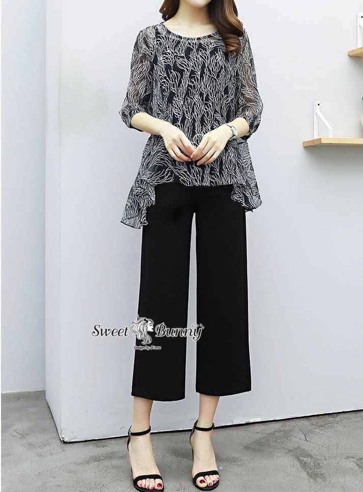 เสื้อผ้าชีฟองลายกิ่งไม้ ผ้าสีดำ